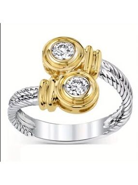 Two-Tone Gold and Silver Cable Ring with Bezel-Set Crystals